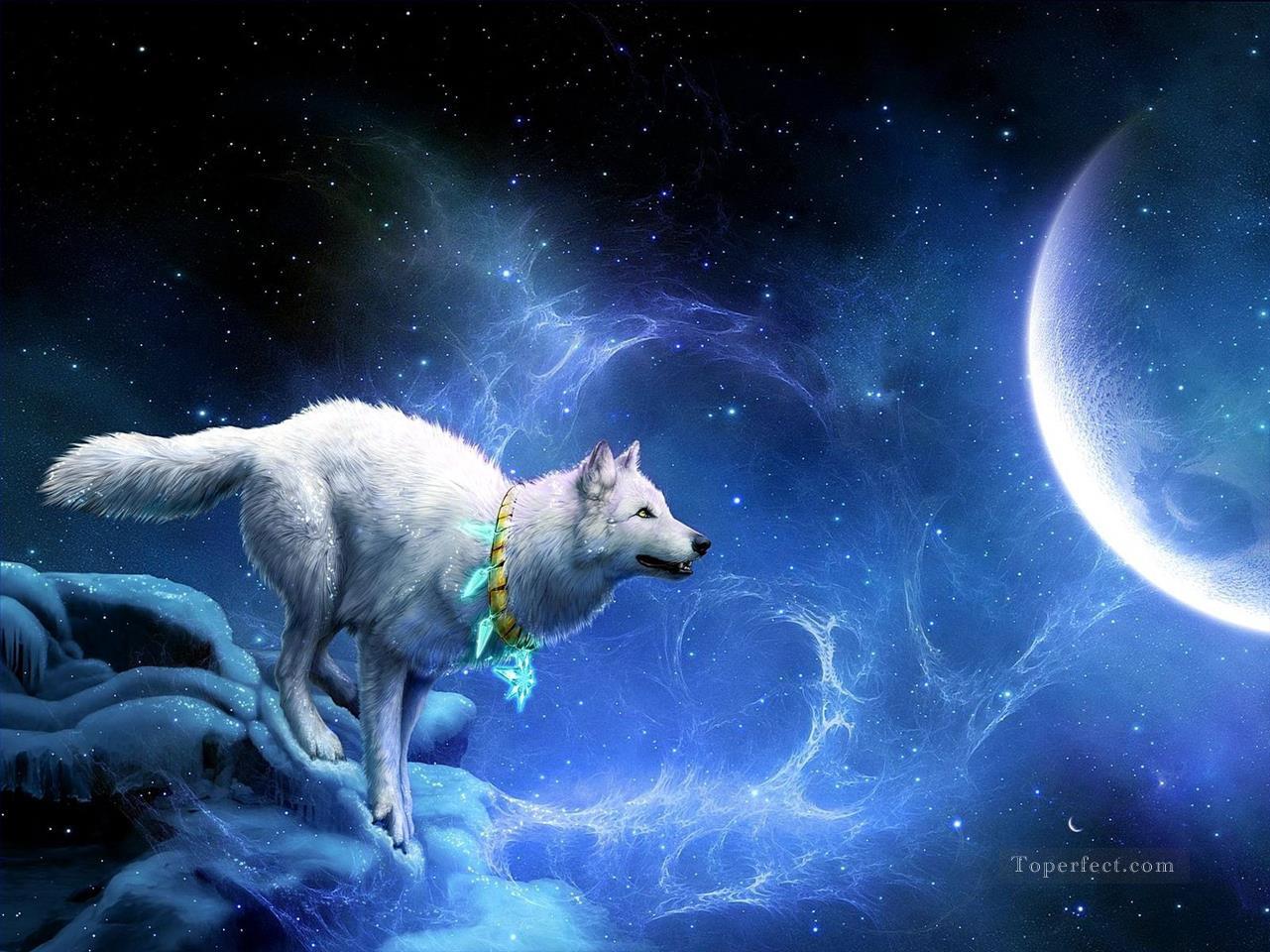 wolf and moon Fantasy Oil Paintings
